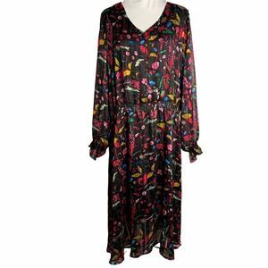 Nordic Tricot Chiffon Midi Dress XL Black Multi Floral Sheer Ivana Helsinki